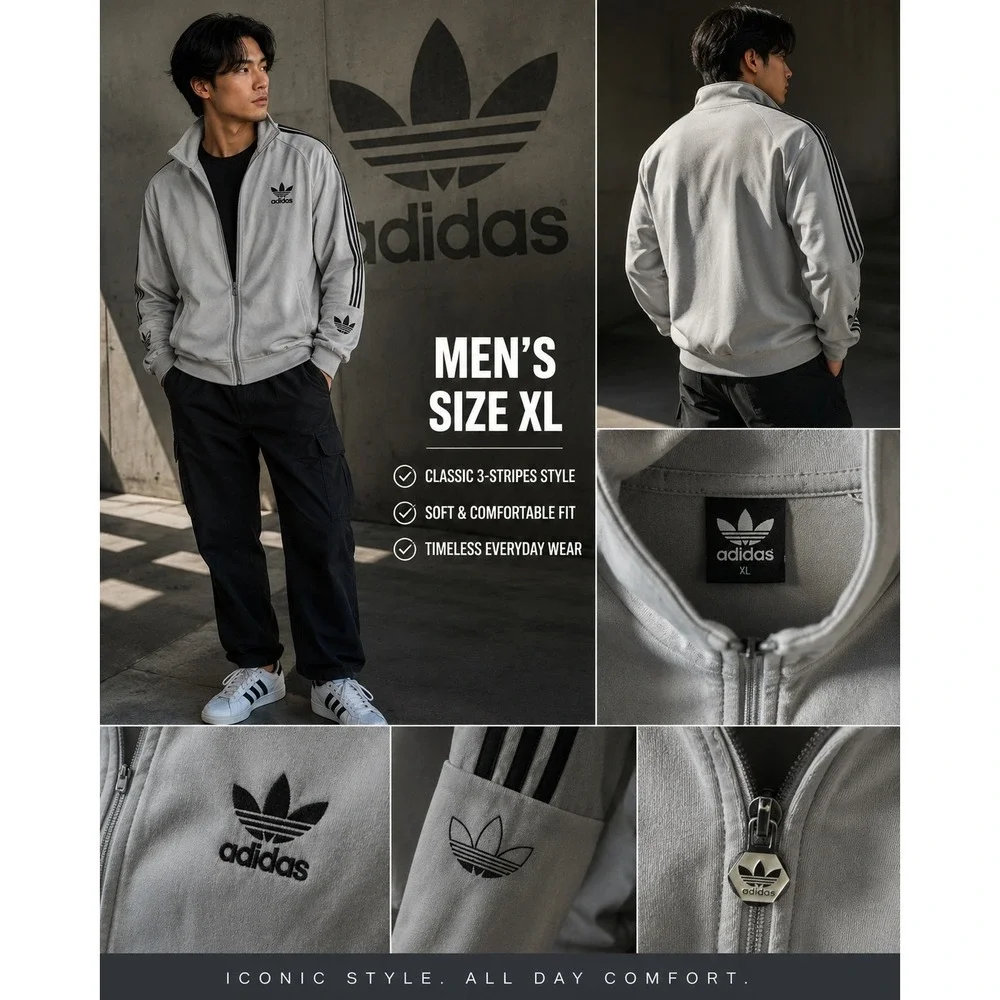 Adidas Originals Mens XL Grey Trefoil Track Jacket Full Zip 3-Stripe Activewear